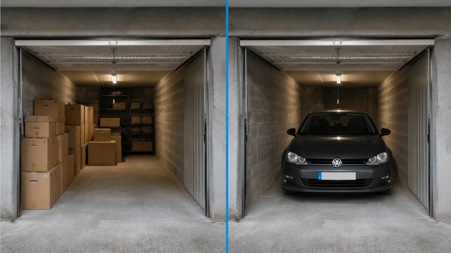 Comparatif de location de garage : box de stockage avec cartons à gauche et garage loué pour une voiture à droite, illustrant les deux solutions pour rentabiliser un garage ou un parking en 2026.