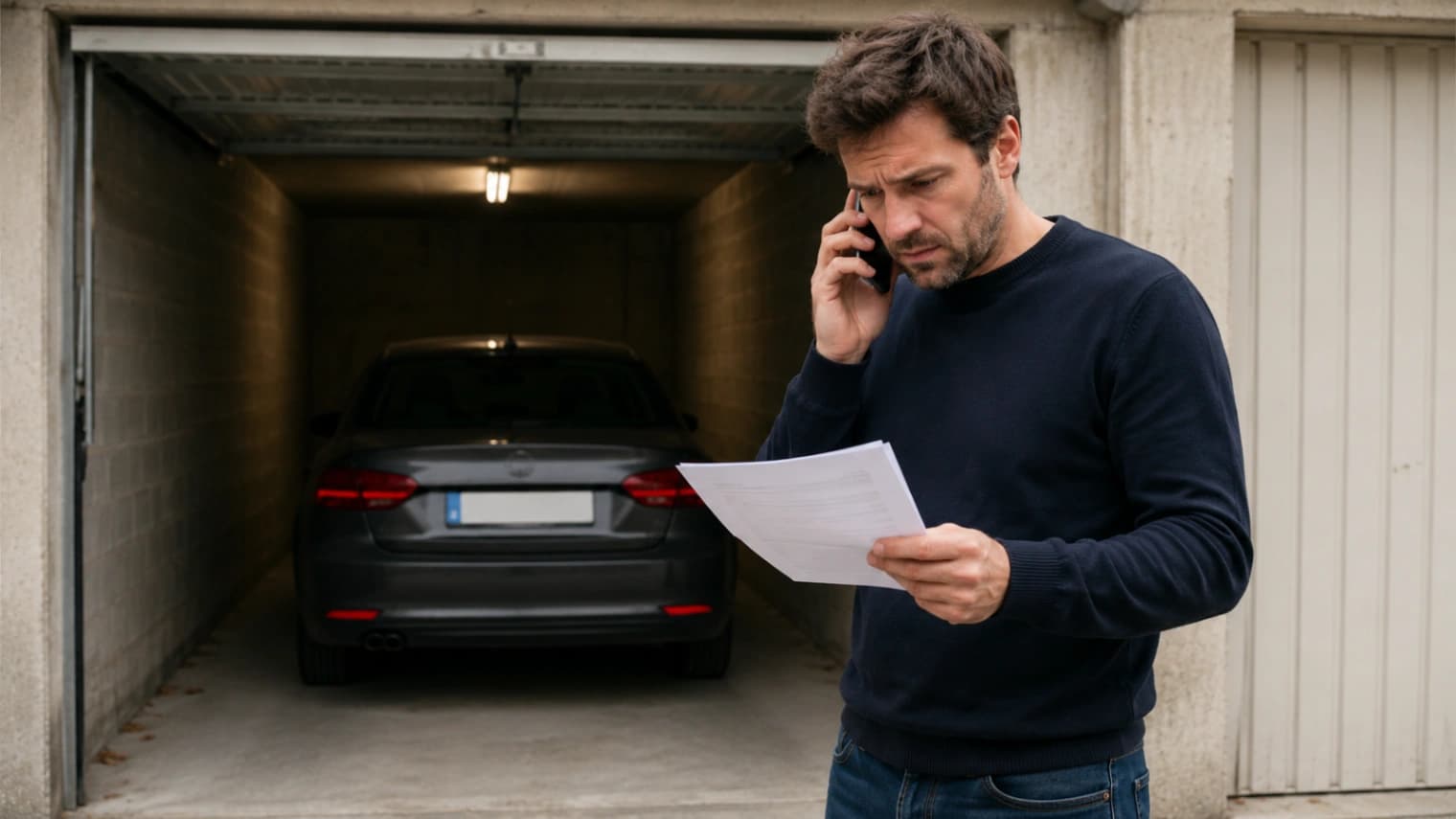 Garage loué avec voiture stationnée et propriétaire confronté à des impayés de loyer, illustrant les démarches à suivre lorsqu'un locataire de garage ne paie plus en 2026.