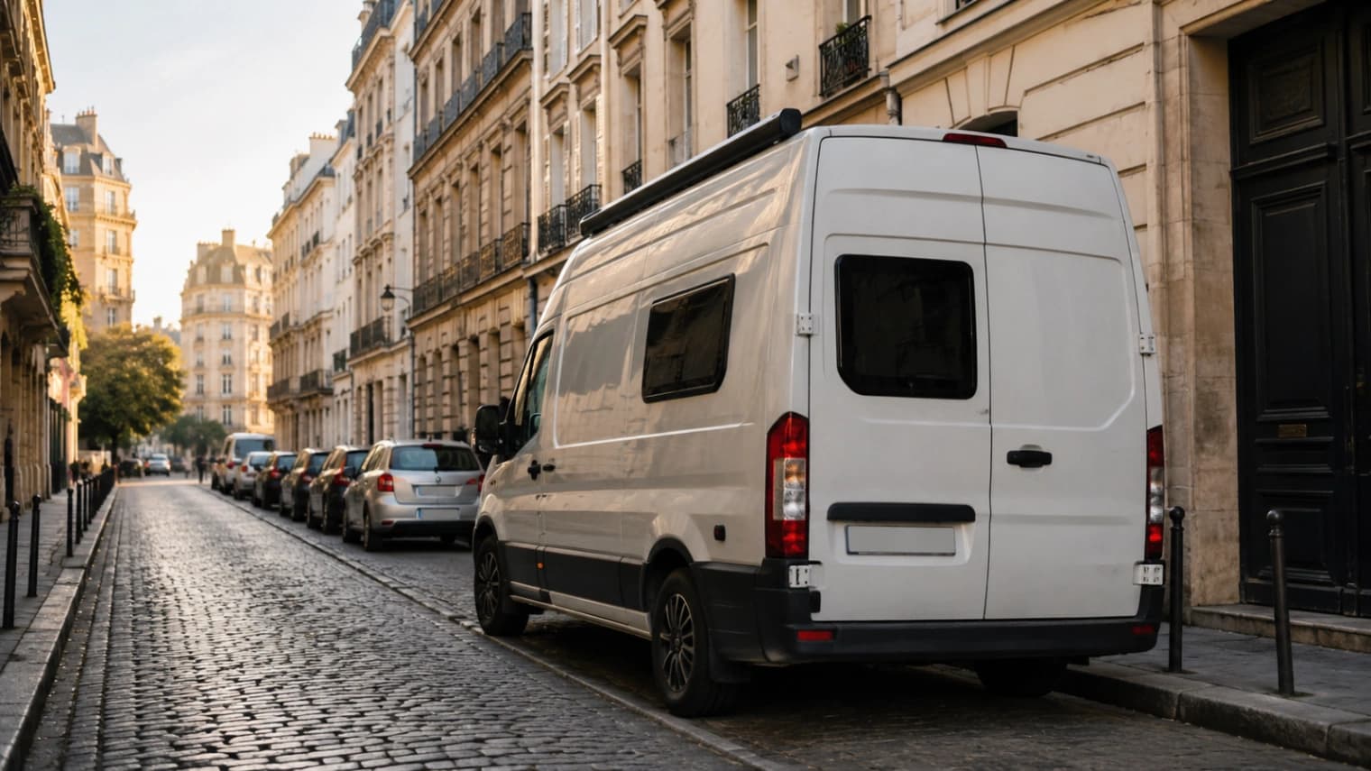 Van aménagé garé le long d'une rue, stationnement grand gabarit en ville