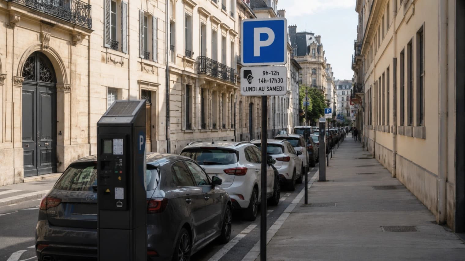 Rue d'une ville de province avec stationnement payant en journée
