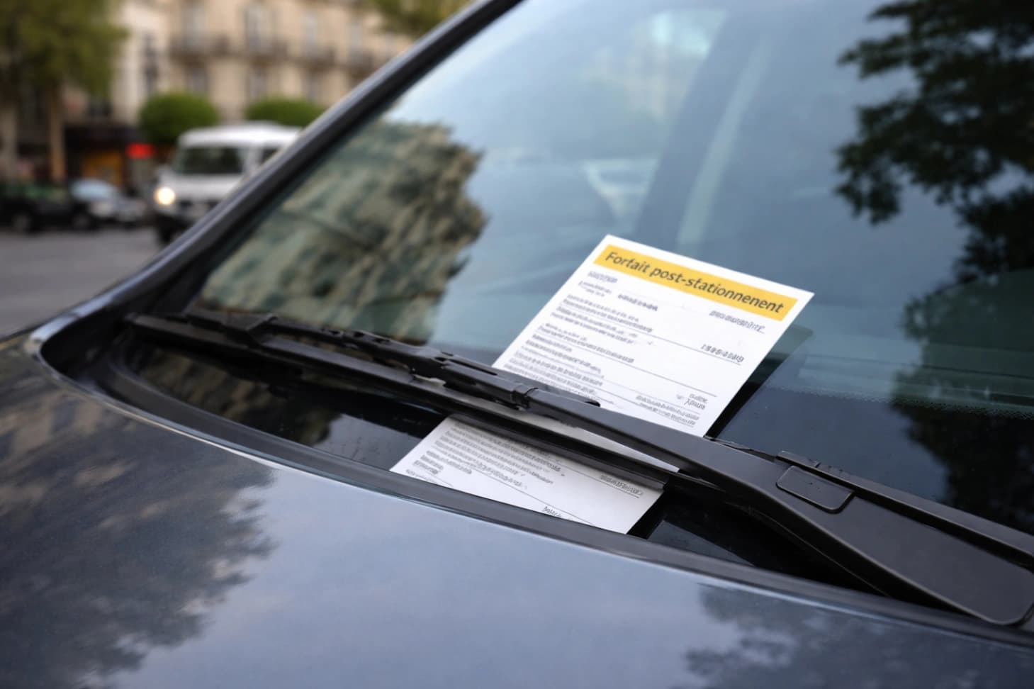Avis de forfait post-stationnement (FPS) glissé sur le pare-brise d'une voiture