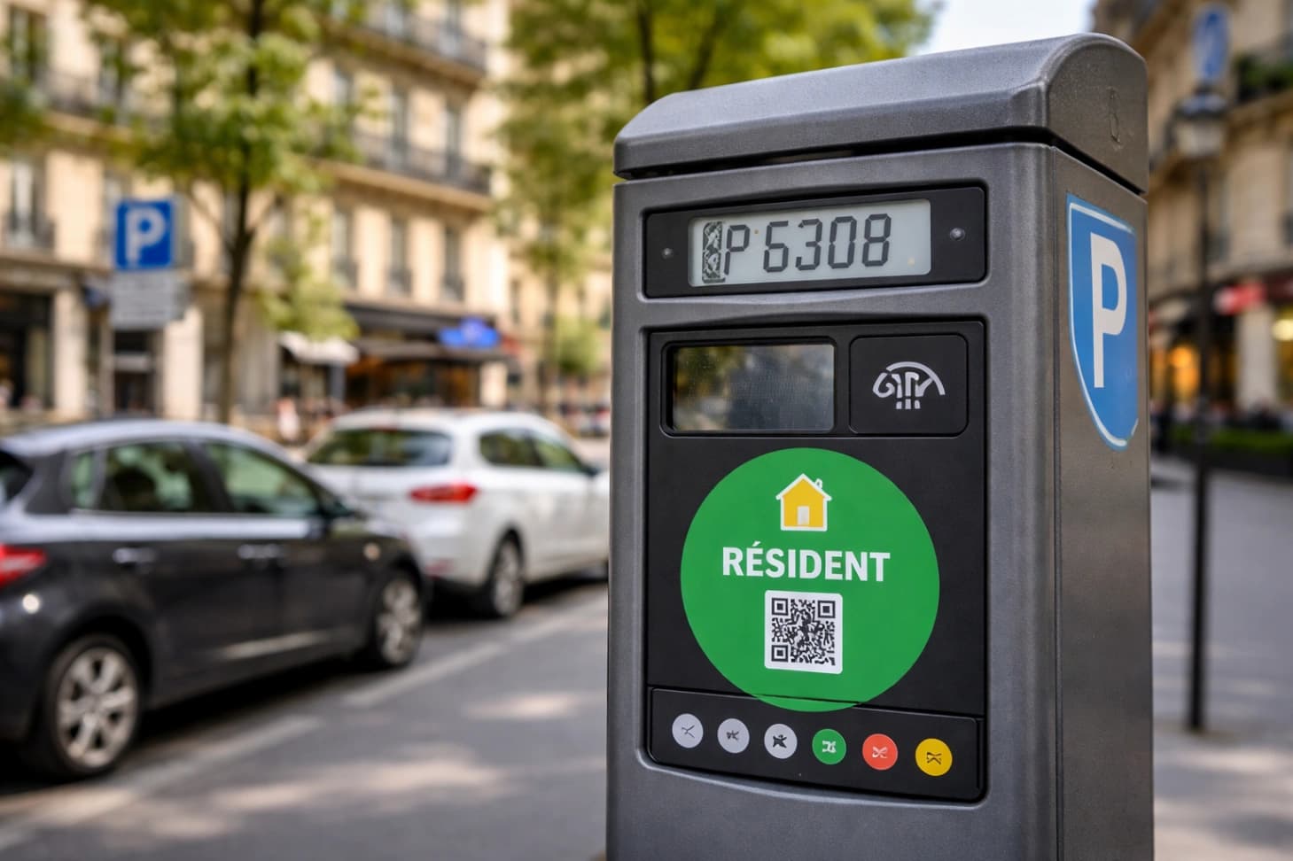 Horodateur de rue avec pastille résident dans une ville française