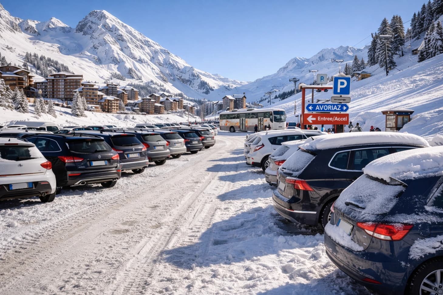 Parking enneigé à l'entrée d'une station de ski des Alpes en hiver