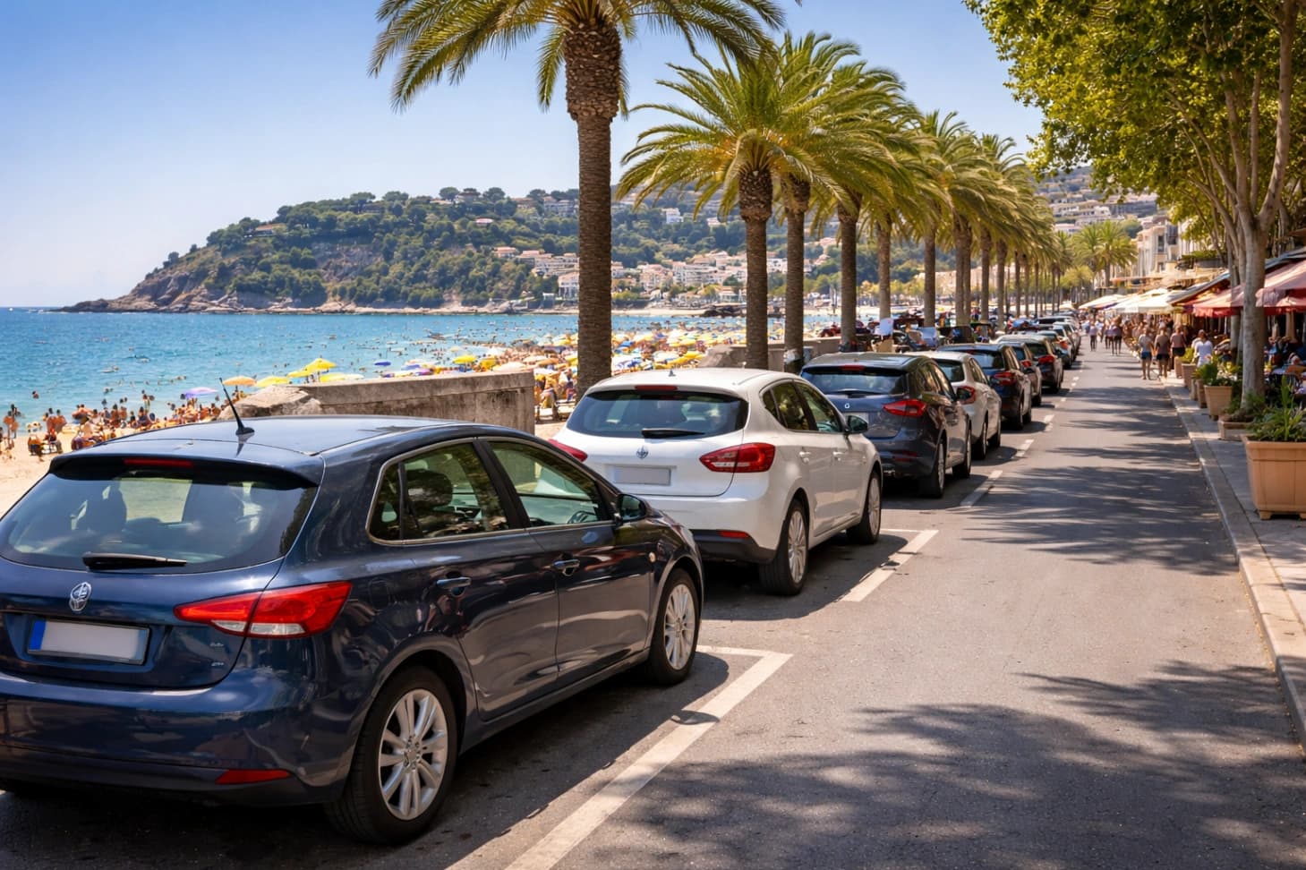 Voitures stationnées en bord de mer dans une station balnéaire l'été