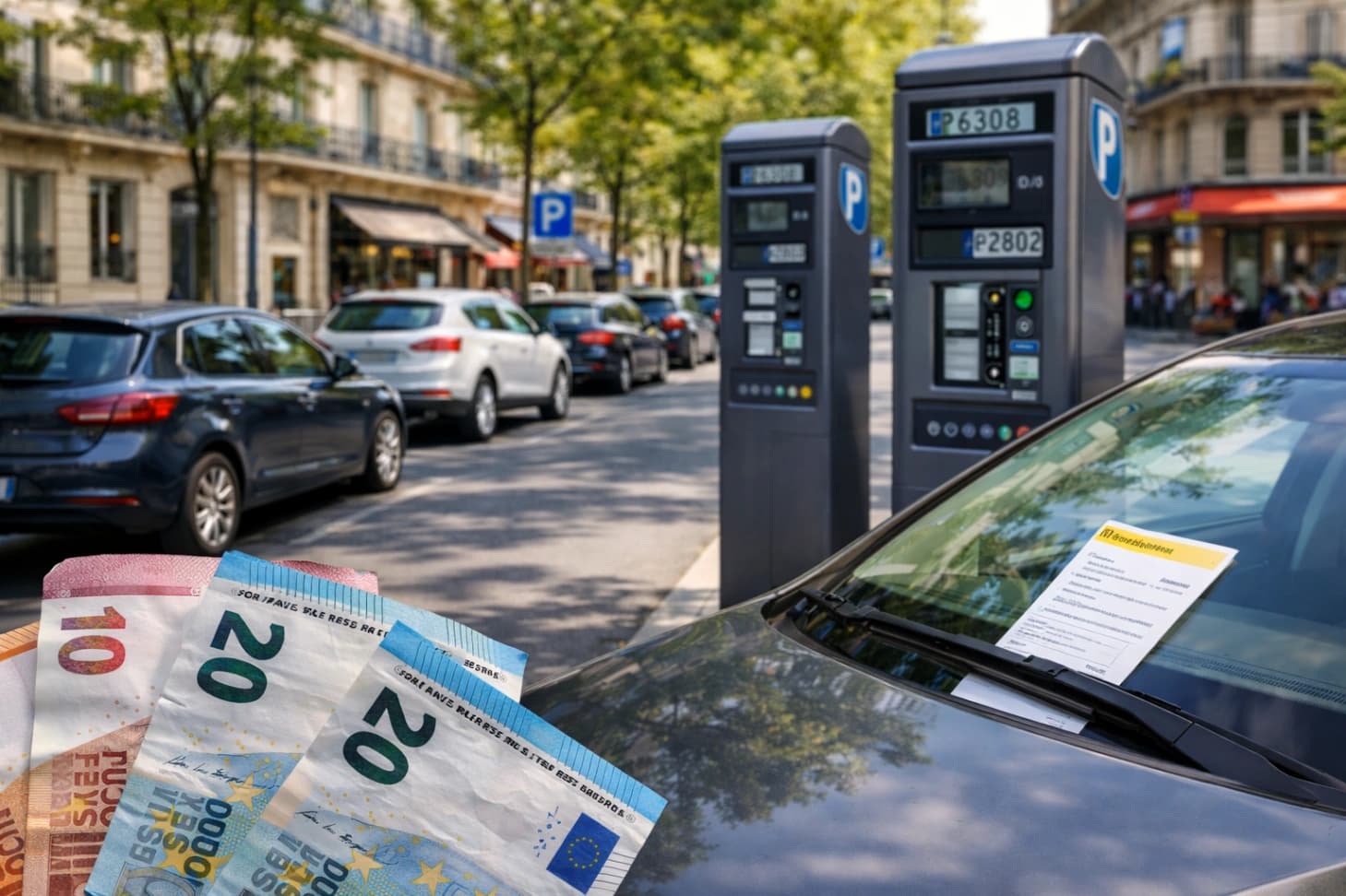 Horodateur de stationnement payant dans une rue de centre-ville en France